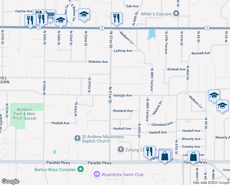 map of restaurants, bars, coffee shops, grocery stores, and more near 2723 North 51st Street in Kansas City