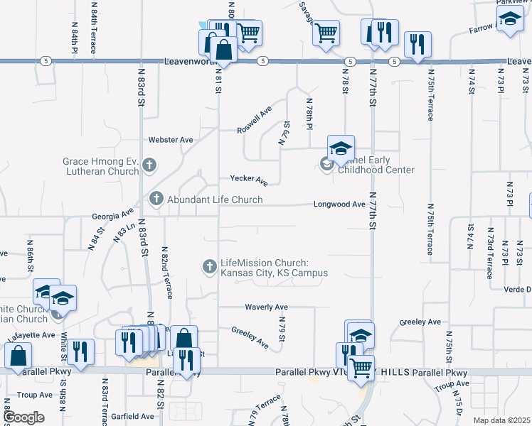 map of restaurants, bars, coffee shops, grocery stores, and more near 8002 Longwood Avenue in Kansas City