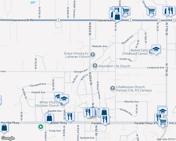 map of restaurants, bars, coffee shops, grocery stores, and more near 8320 Georgia Avenue in Kansas City