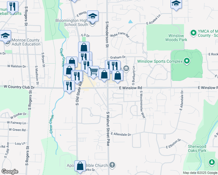 map of restaurants, bars, coffee shops, grocery stores, and more near 200 E Winslow Rd in Bloomington