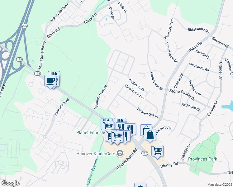 map of restaurants, bars, coffee shops, grocery stores, and more near 8339 Meadowood Drive in Hanover