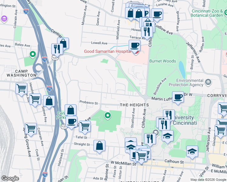 map of restaurants, bars, coffee shops, grocery stores, and more near 494 Riddle Road in Cincinnati