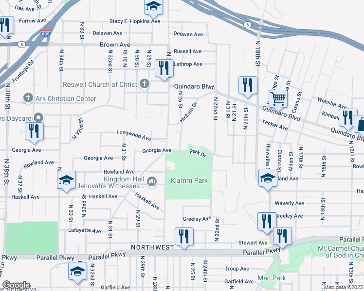 map of restaurants, bars, coffee shops, grocery stores, and more near 2831 North 26 Street in Kansas City