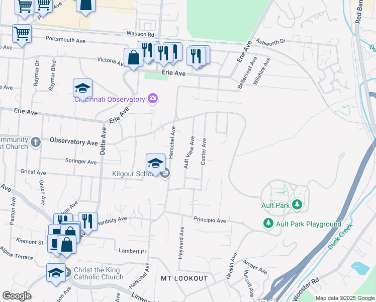 map of restaurants, bars, coffee shops, grocery stores, and more near 3419 Ault View Avenue in Cincinnati