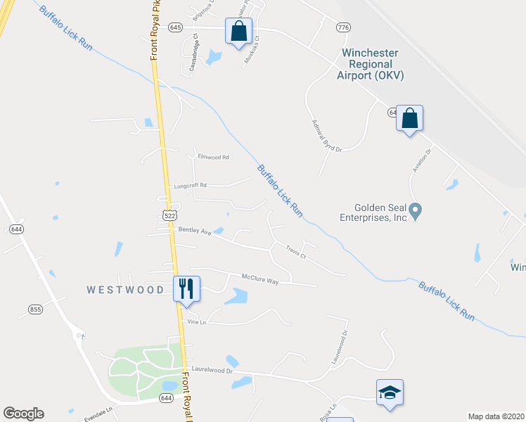 map of restaurants, bars, coffee shops, grocery stores, and more near 106 Travis Court in Winchester