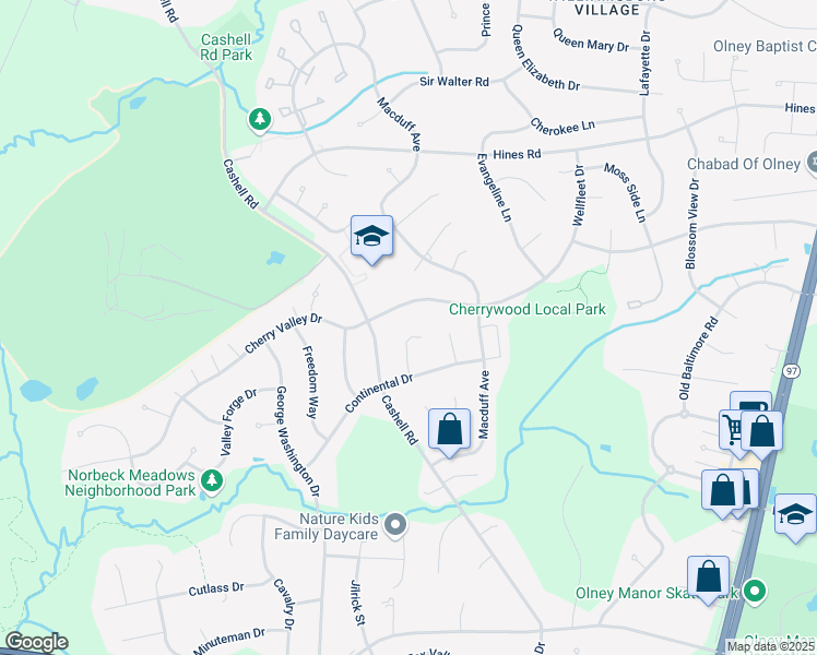 map of restaurants, bars, coffee shops, grocery stores, and more near 16924 Continental Court in Olney