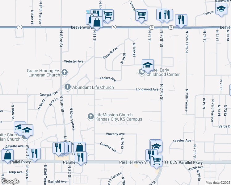 map of restaurants, bars, coffee shops, grocery stores, and more near 8002 Longwood Avenue in Kansas City