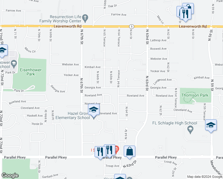 map of restaurants, bars, coffee shops, grocery stores, and more near 6443 Georgia Avenue in Kansas City