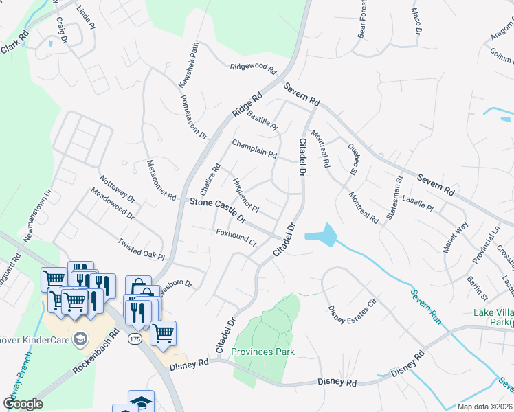 map of restaurants, bars, coffee shops, grocery stores, and more near 1912 Huguenot Place in Severn
