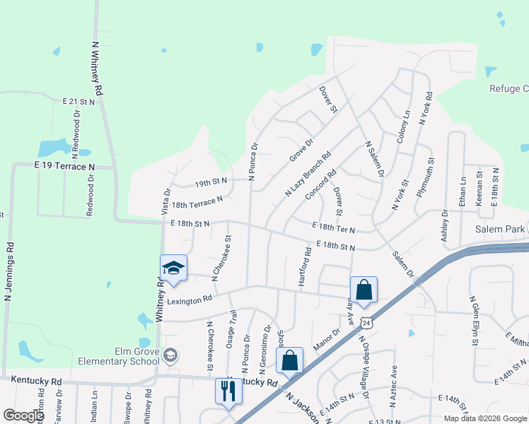 map of restaurants, bars, coffee shops, grocery stores, and more near 1810 North Lazy Branch Road in Independence