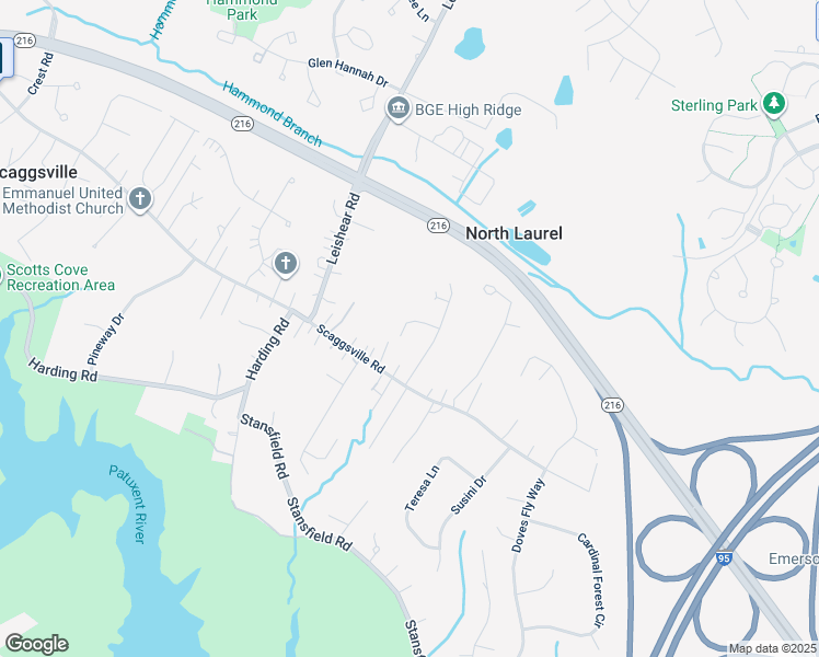map of restaurants, bars, coffee shops, grocery stores, and more near 10417 Leslie Drive in Laurel