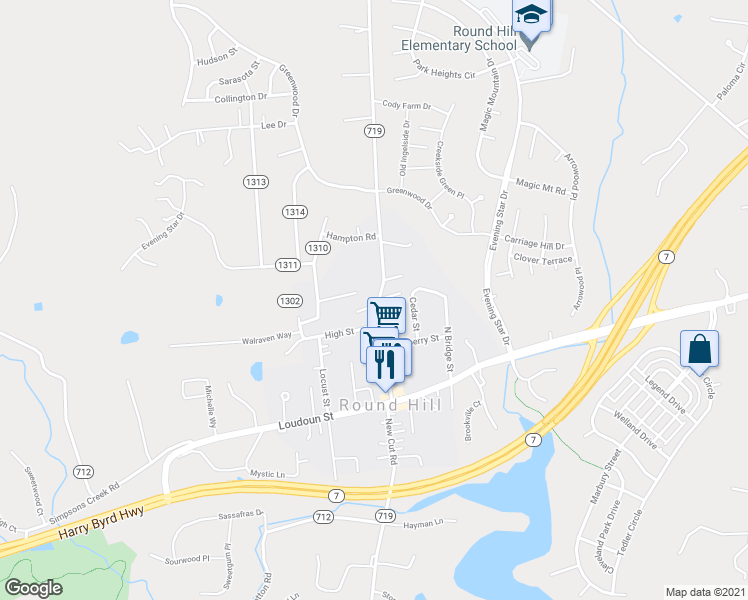 map of restaurants, bars, coffee shops, grocery stores, and more near 34 Main Street in Round Hill