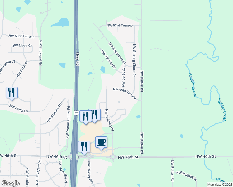 map of restaurants, bars, coffee shops, grocery stores, and more near 3421 Northwest 49th Terrace in Topeka