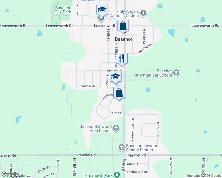 map of restaurants, bars, coffee shops, grocery stores, and more near 15541 Willow Drive in Basehor