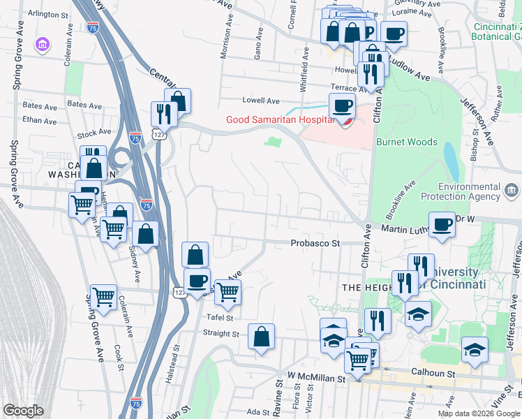 map of restaurants, bars, coffee shops, grocery stores, and more near 3015 Marshall Avenue in Cincinnati