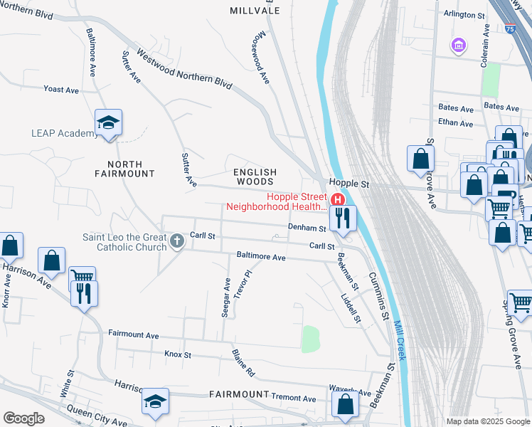 map of restaurants, bars, coffee shops, grocery stores, and more near 1738 Pulte Street in Cincinnati