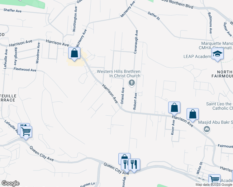 map of restaurants, bars, coffee shops, grocery stores, and more near 2803 Orland Avenue in Cincinnati