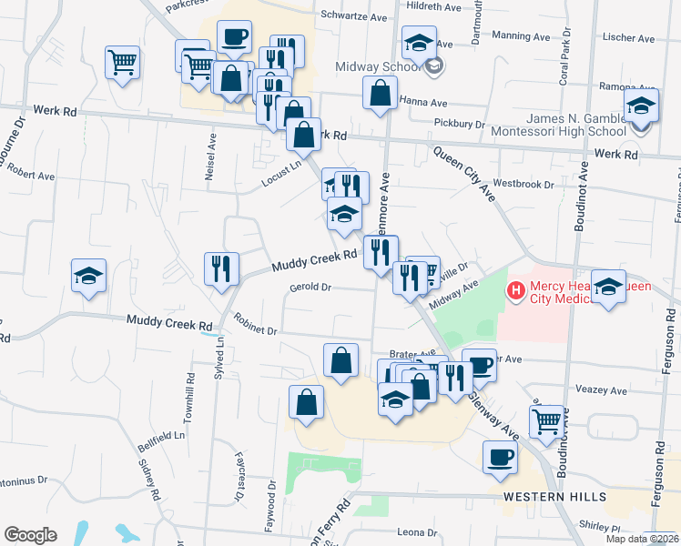 map of restaurants, bars, coffee shops, grocery stores, and more near 3423 Muddy Creek Road in Cincinnati