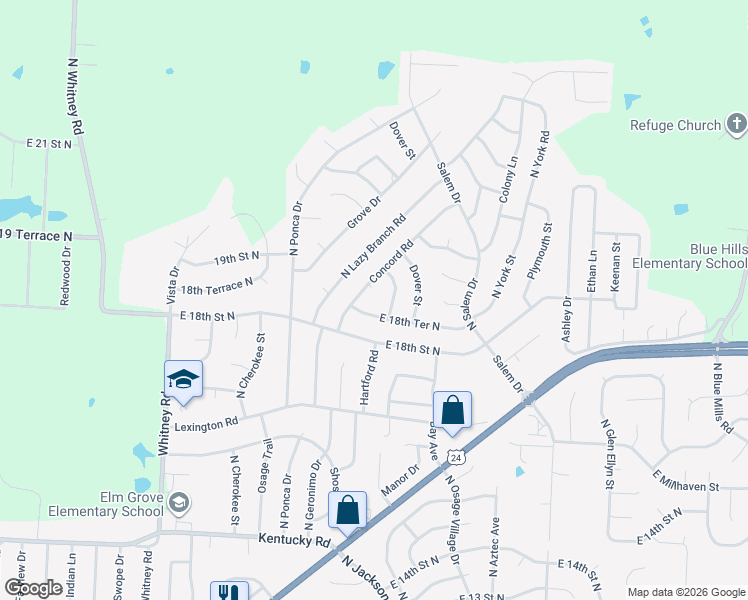 map of restaurants, bars, coffee shops, grocery stores, and more near 1818 Concord Road in Independence