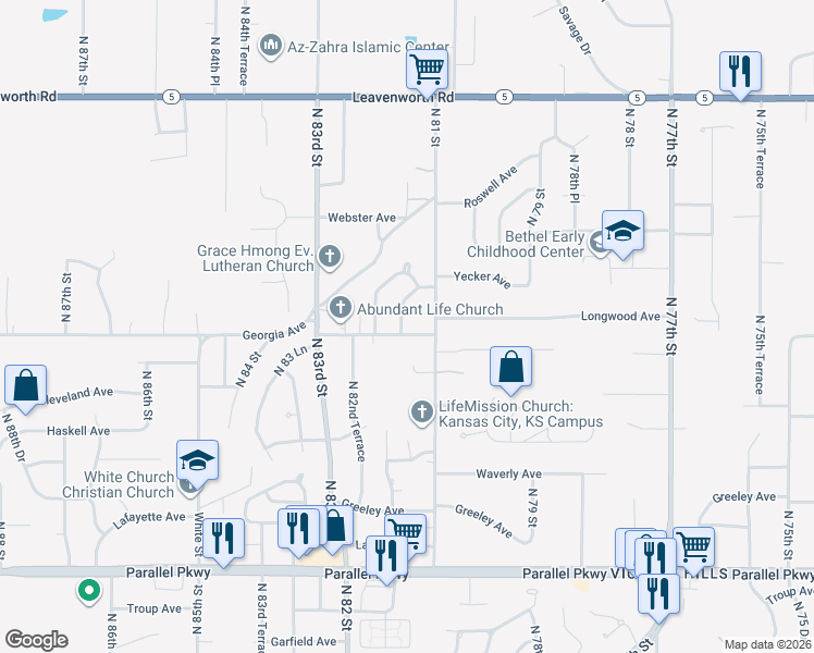 map of restaurants, bars, coffee shops, grocery stores, and more near 2704 North 81 Street in Kansas City