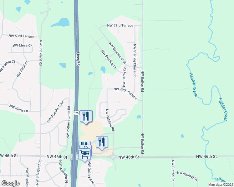 map of restaurants, bars, coffee shops, grocery stores, and more near 3413-3421 Northwest 49th Terrace in Topeka