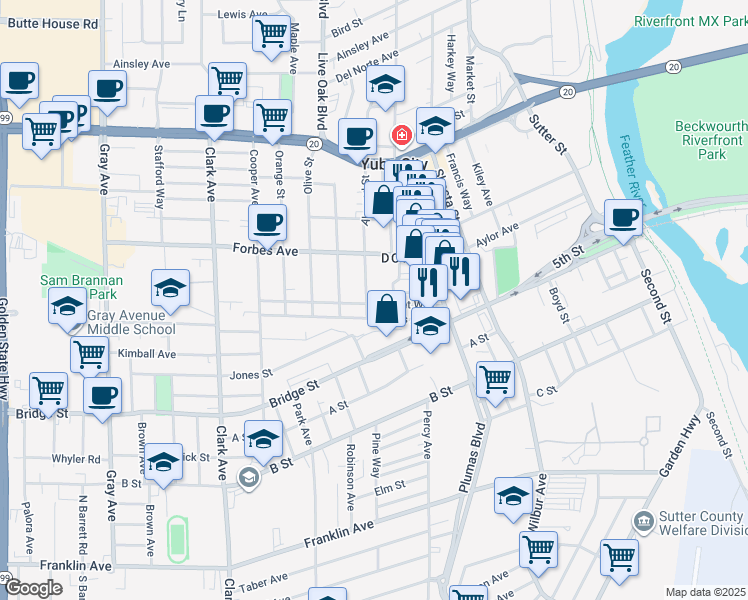 map of restaurants, bars, coffee shops, grocery stores, and more near 655 Almond Street in Yuba City