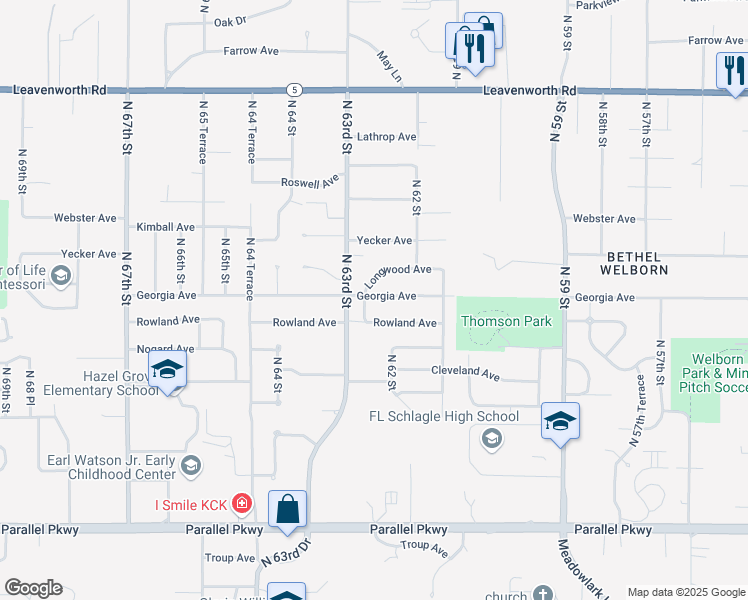 map of restaurants, bars, coffee shops, grocery stores, and more near 6221 Georgia Avenue in Kansas City