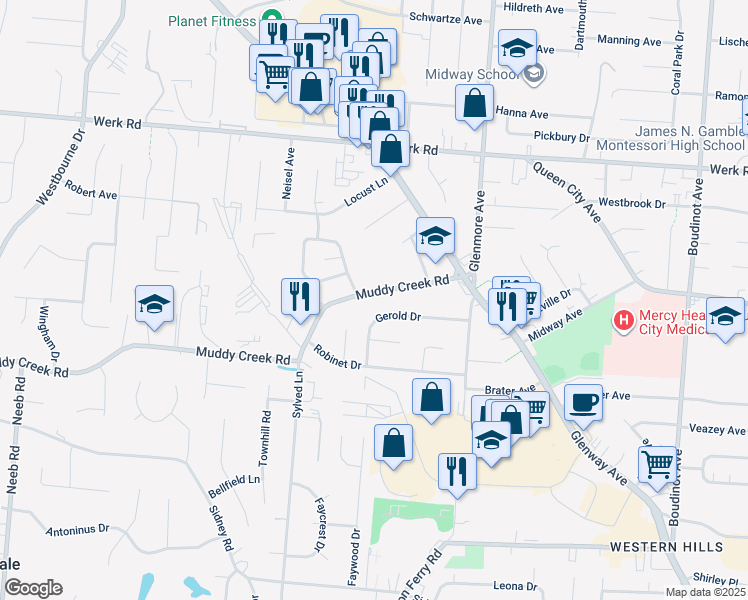 map of restaurants, bars, coffee shops, grocery stores, and more near 3448 Muddy Creek Road in Cincinnati