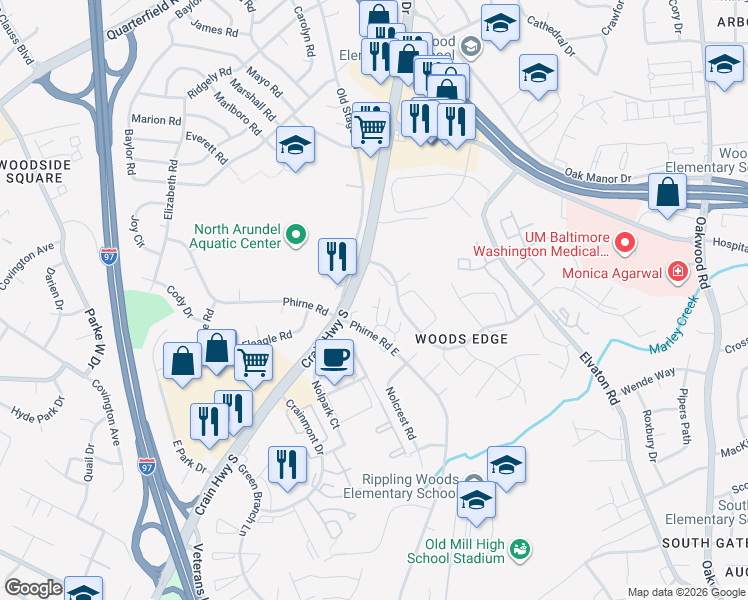 map of restaurants, bars, coffee shops, grocery stores, and more near 466 Glen Mar Road in Glen Burnie