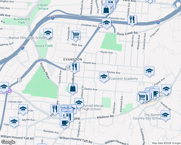 map of restaurants, bars, coffee shops, grocery stores, and more near 1734 Kinney Avenue in Cincinnati