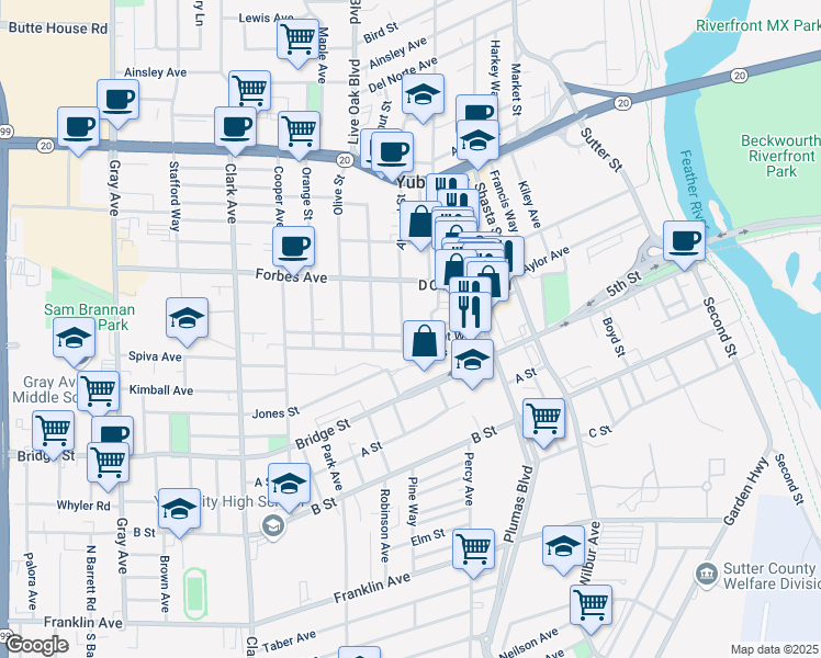 map of restaurants, bars, coffee shops, grocery stores, and more near 659 Almond Street in Yuba City