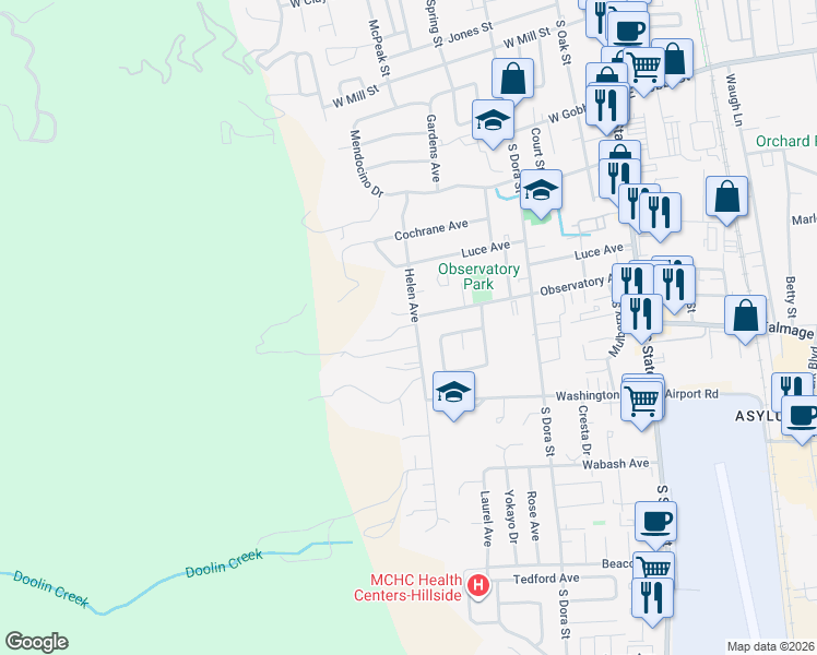 map of restaurants, bars, coffee shops, grocery stores, and more near 1090 Helen Avenue in Ukiah