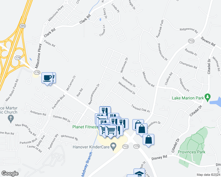 map of restaurants, bars, coffee shops, grocery stores, and more near 8339 Meadowood Drive in Hanover