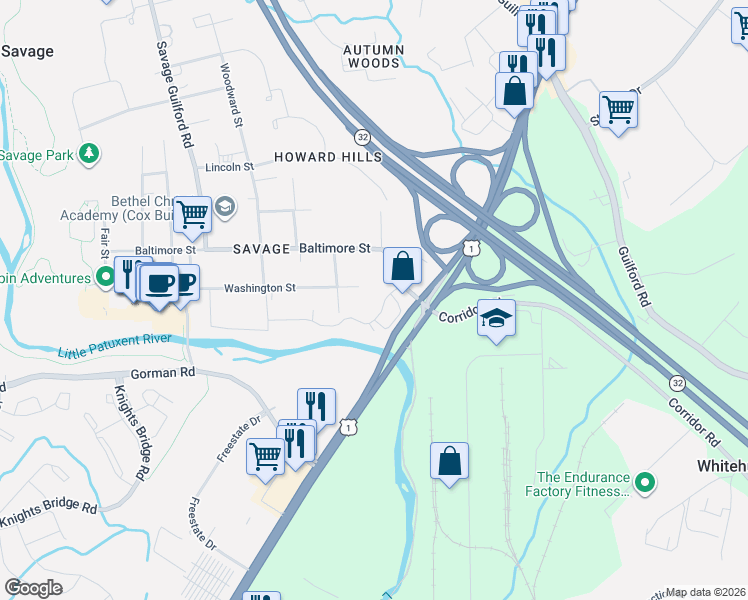 map of restaurants, bars, coffee shops, grocery stores, and more near 8542 Foxborough Drive in Savage