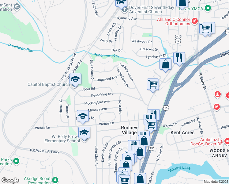 map of restaurants, bars, coffee shops, grocery stores, and more near 10 Dogwood Court in Dover
