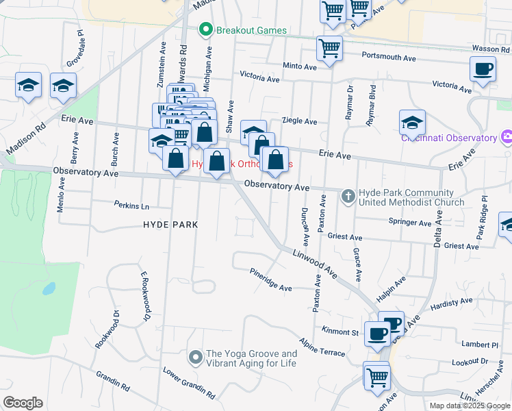 map of restaurants, bars, coffee shops, grocery stores, and more near 2829 Observatory Avenue in Cincinnati