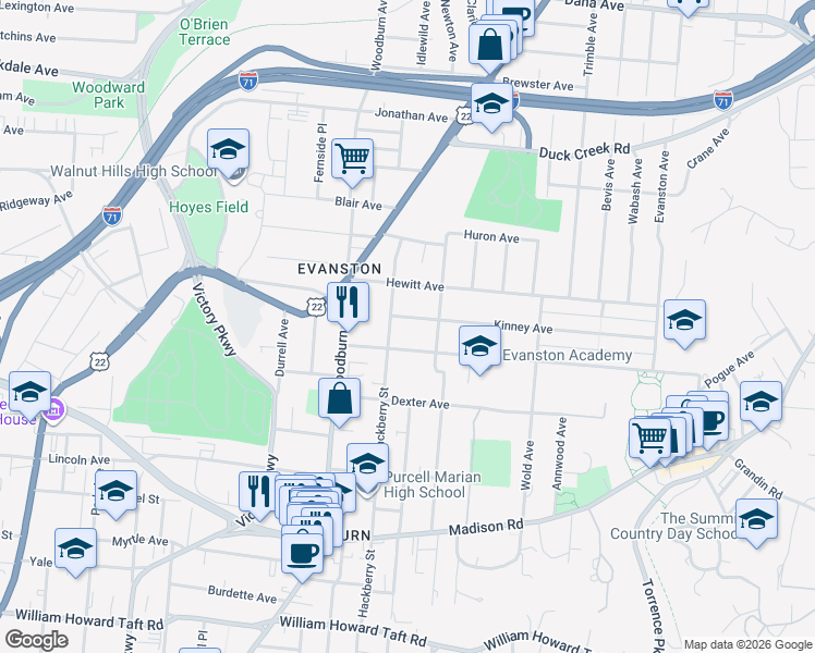 map of restaurants, bars, coffee shops, grocery stores, and more near 3227 Hackberry Street in Cincinnati