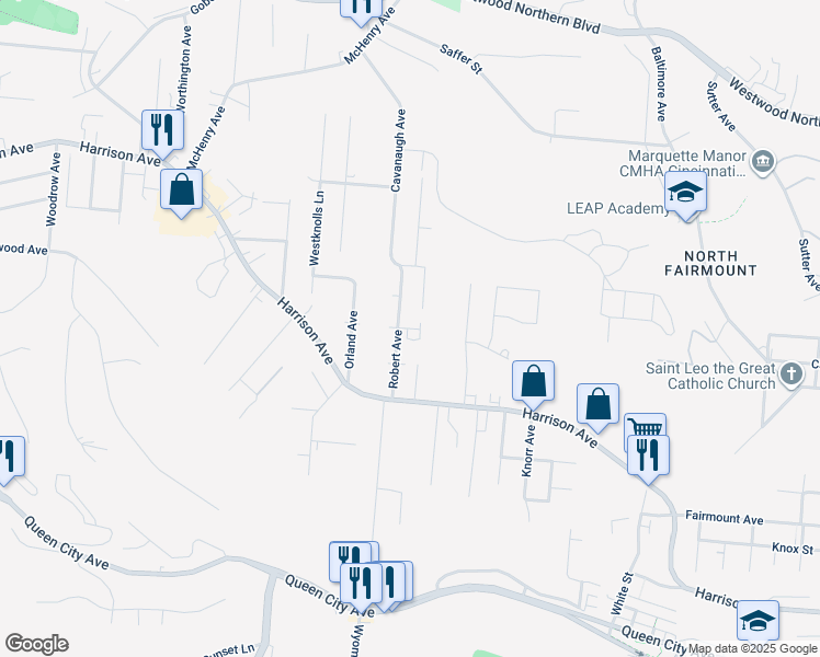 map of restaurants, bars, coffee shops, grocery stores, and more near 2162 Karla Avenue in Cincinnati