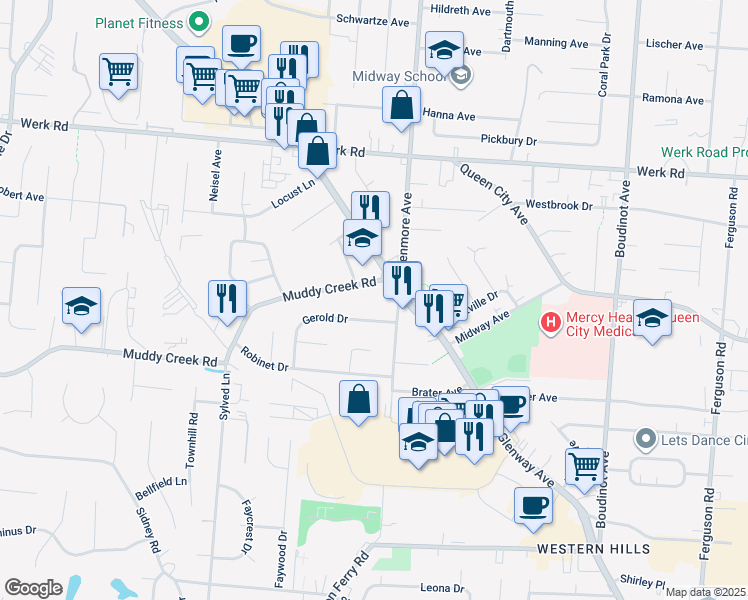 map of restaurants, bars, coffee shops, grocery stores, and more near 3325 Muddy Creek Road in Cincinnati