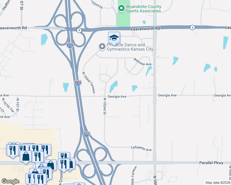 map of restaurants, bars, coffee shops, grocery stores, and more near 2718 North 101st Terrace in Kansas City