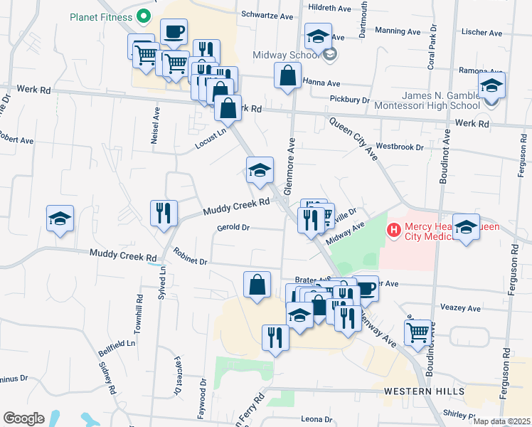 map of restaurants, bars, coffee shops, grocery stores, and more near 3336 Gerold Drive in Cincinnati
