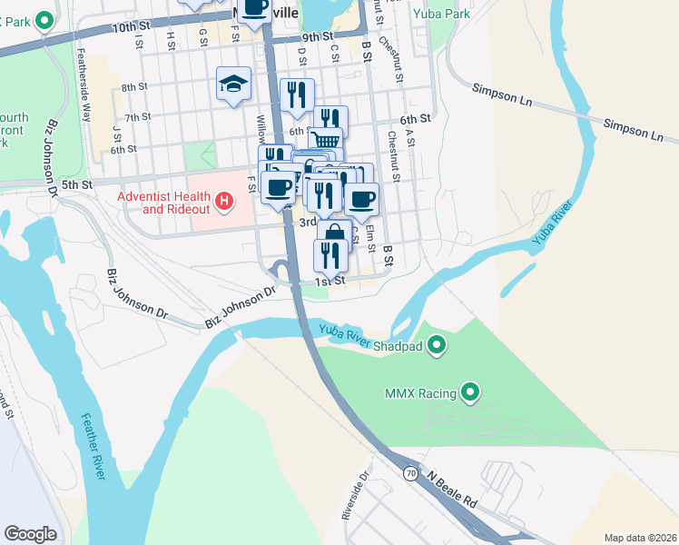 map of restaurants, bars, coffee shops, grocery stores, and more near 119 D Street in Marysville