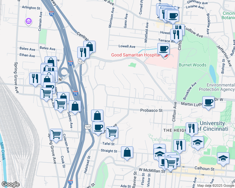 map of restaurants, bars, coffee shops, grocery stores, and more near 632 Riddle Road in Cincinnati