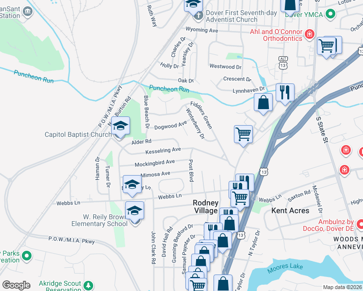 map of restaurants, bars, coffee shops, grocery stores, and more near 10 Dogwood Court in Dover