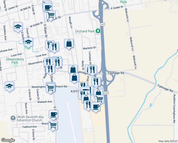 map of restaurants, bars, coffee shops, grocery stores, and more near 570 Talmage Road in Ukiah