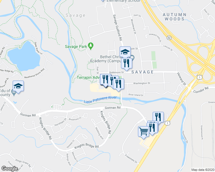 map of restaurants, bars, coffee shops, grocery stores, and more near 9105 Washington Street in Savage