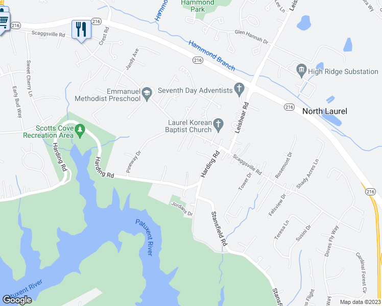 map of restaurants, bars, coffee shops, grocery stores, and more near 10633 Hesperian Drive in Laurel