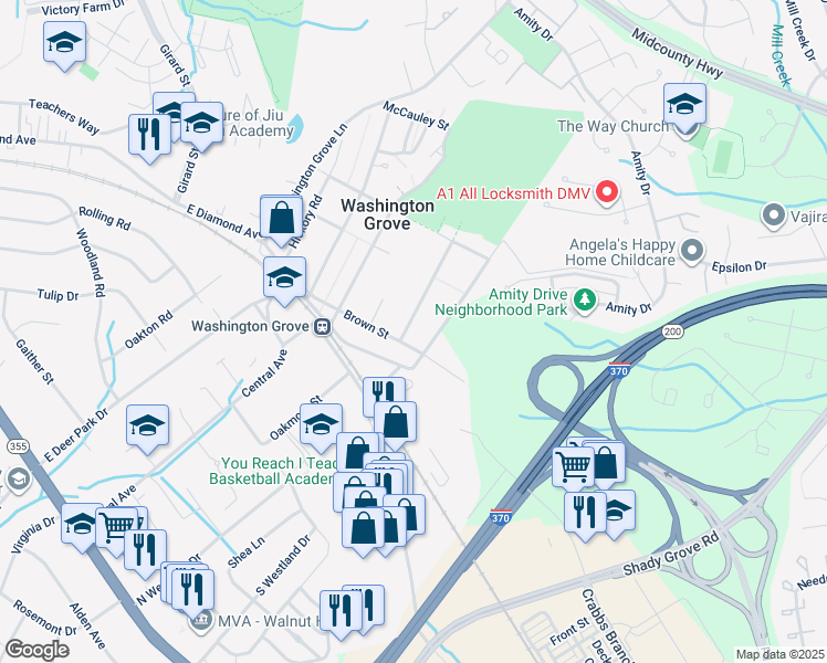map of restaurants, bars, coffee shops, grocery stores, and more near 104 Maple Avenue in Washington Grove