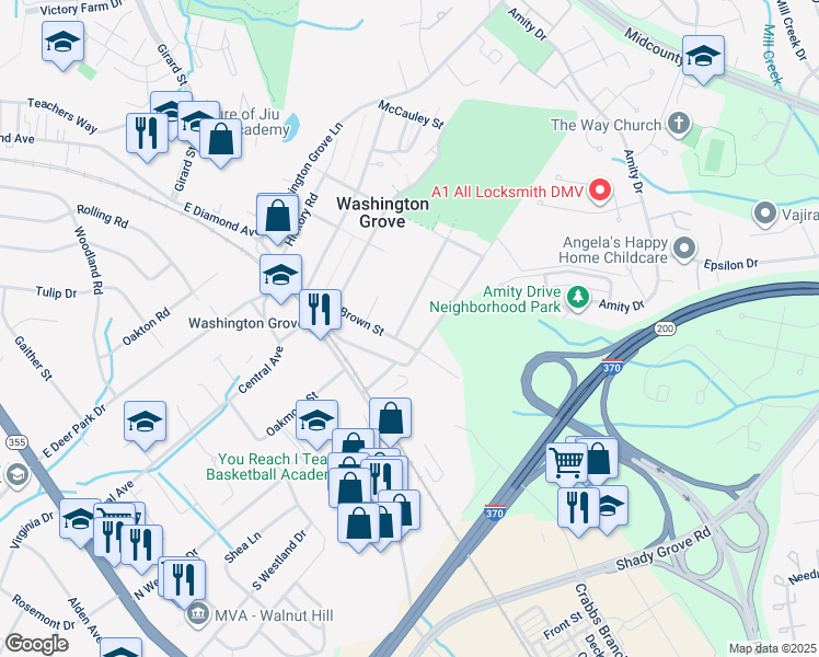 map of restaurants, bars, coffee shops, grocery stores, and more near 104 Maple Avenue in Washington Grove