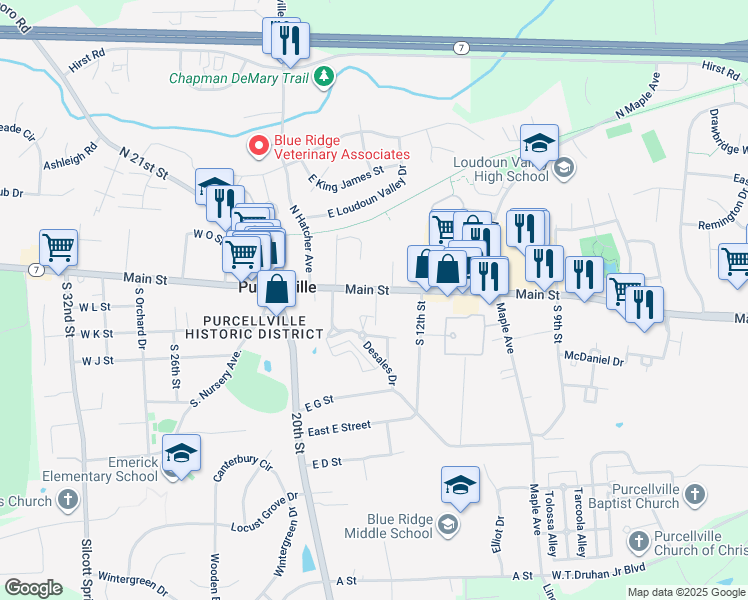 map of restaurants, bars, coffee shops, grocery stores, and more near 360 East Main Street in Purcellville